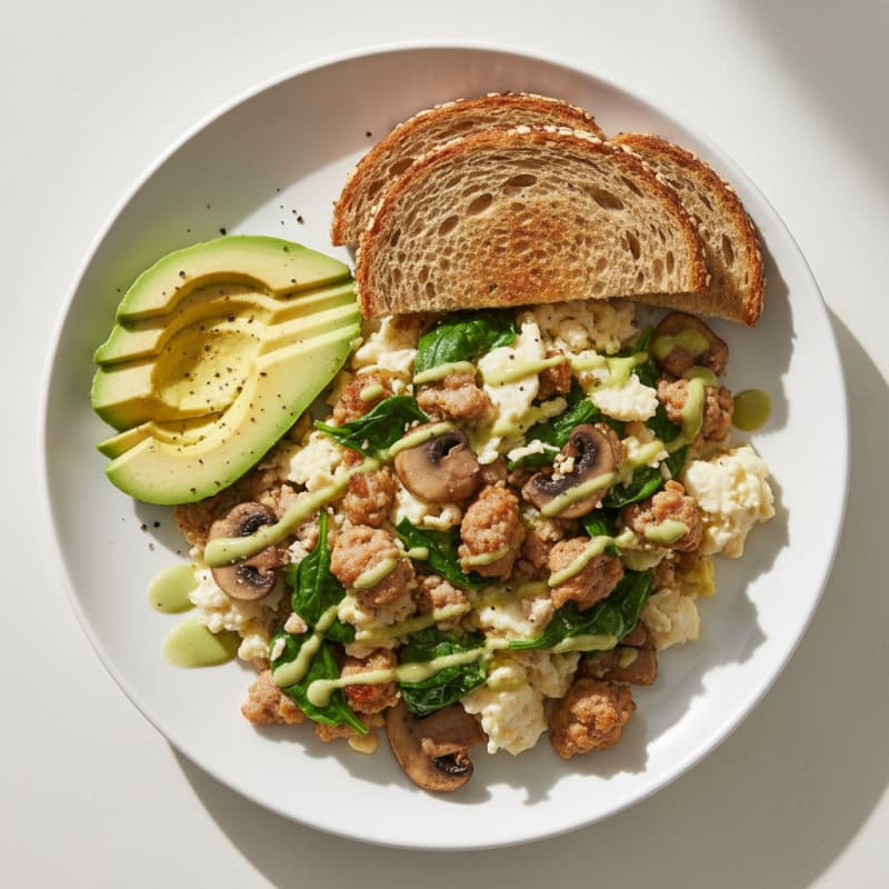 Egg White and Turkey Sausage Scramble with Spinach and Mushrooms