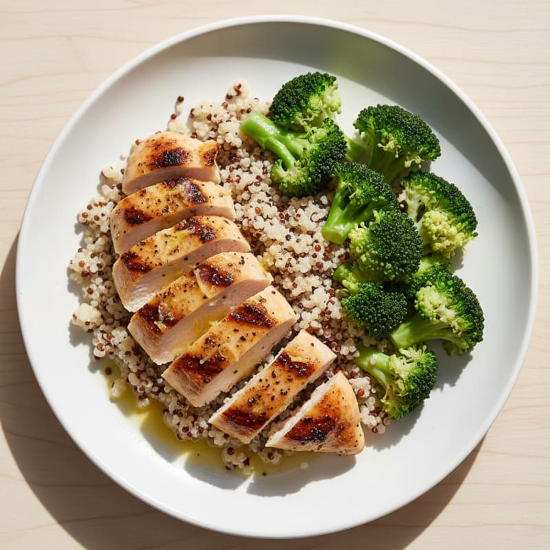 Grilled Lemon Pepper Chicken Breast with Quinoa and Steamed Broccoli