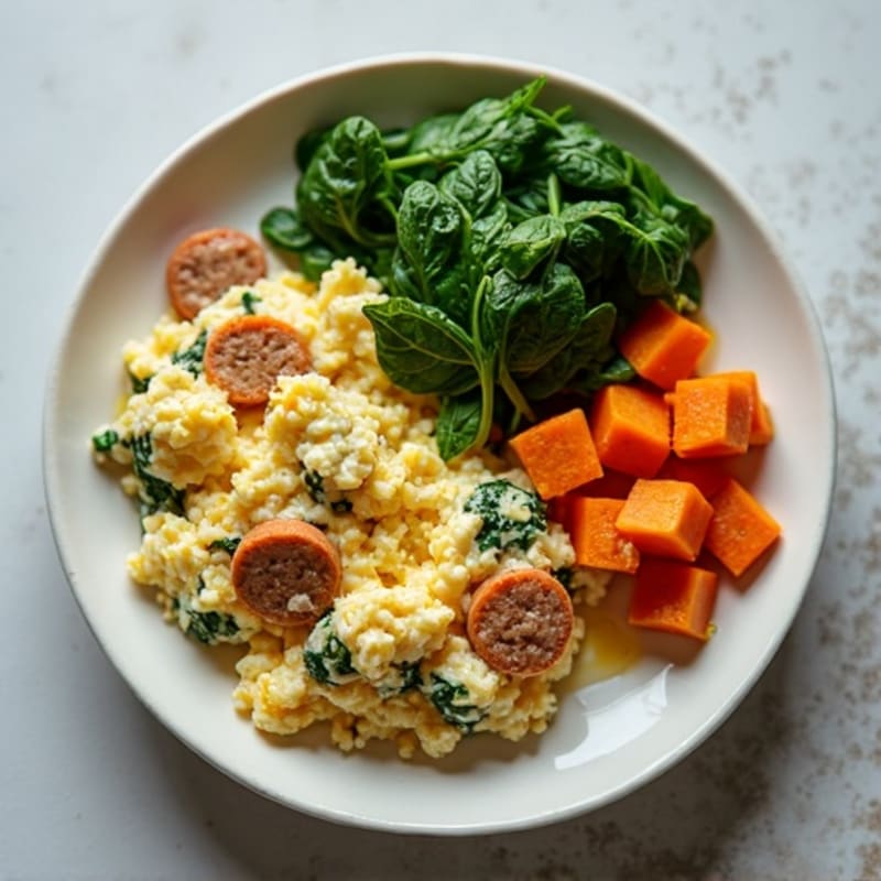 Egg White and Turkey Sausage Scramble with Spinach and Roasted Sweet Potato