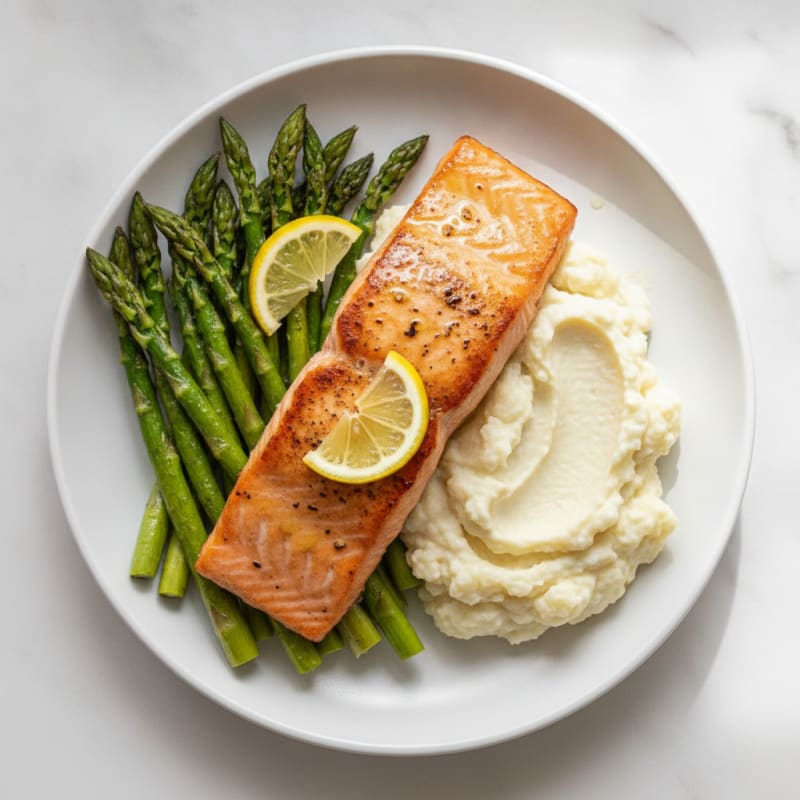 Seared Salmon with Roasted Asparagus and Cauliflower Mash
