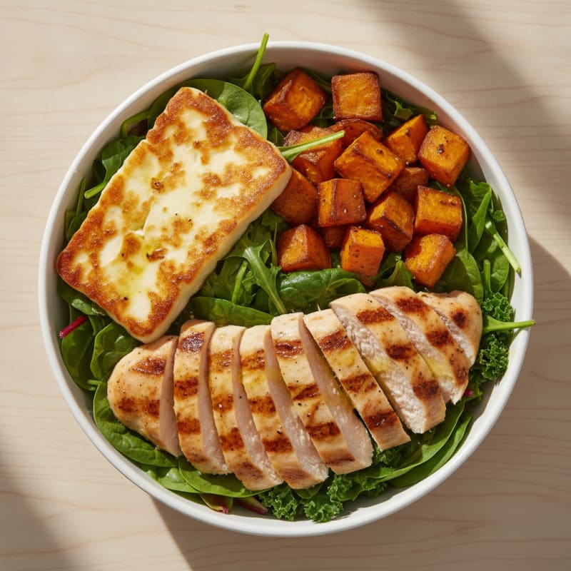 Grilled Chicken and Roasted Sweet Potato Bowl with Fresh Greens