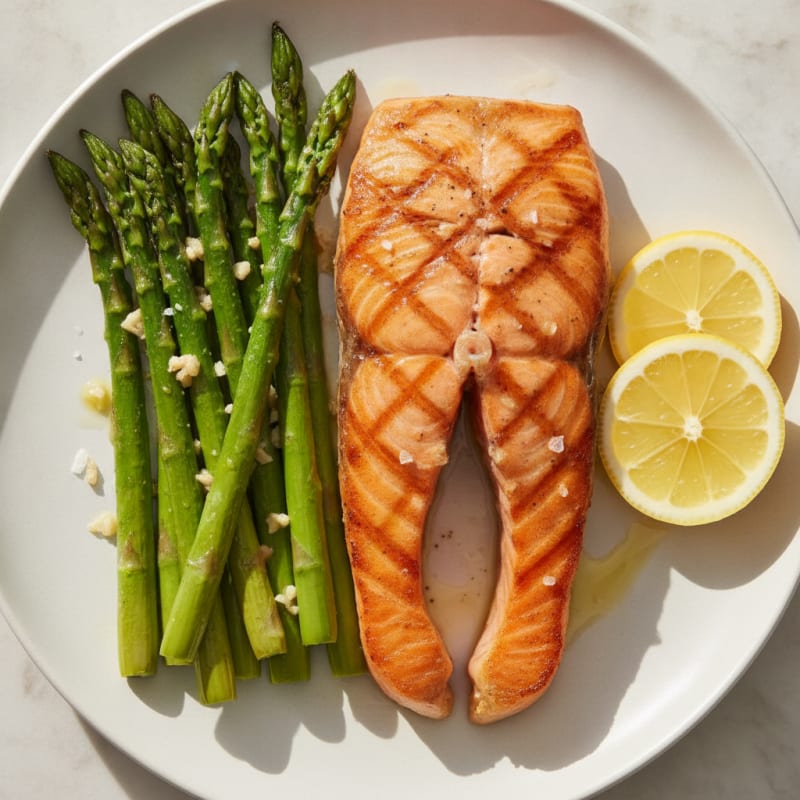 Seared Salmon Fillet with Roasted Asparagus and Lemon