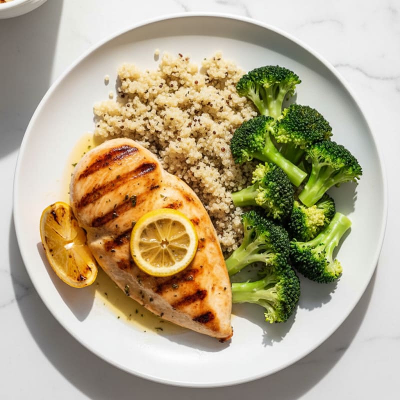 Grilled Chicken Breast with Steamed Broccoli and Quinoa