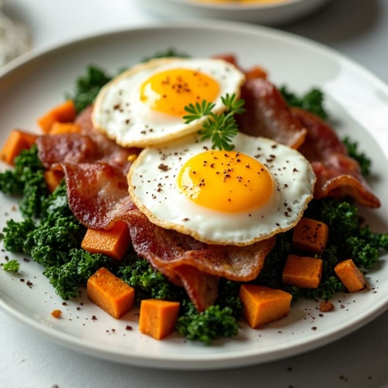 Sweet Potato and Kale Hash with Crispy Turkey Bacon and Poached Eggs