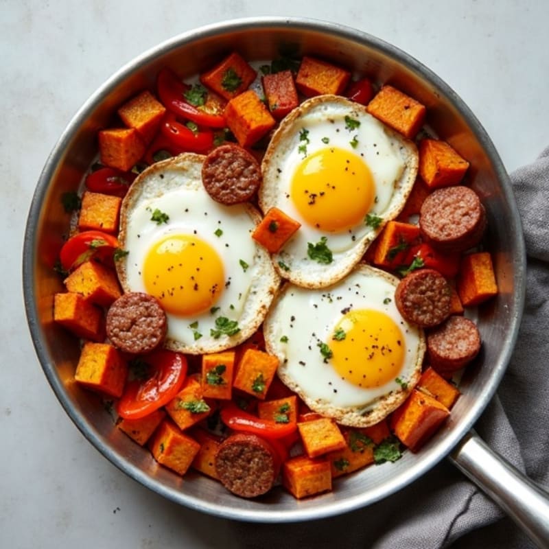 Sheet Pan Eggs with Roasted Sweet Potatoes and Bell Peppers