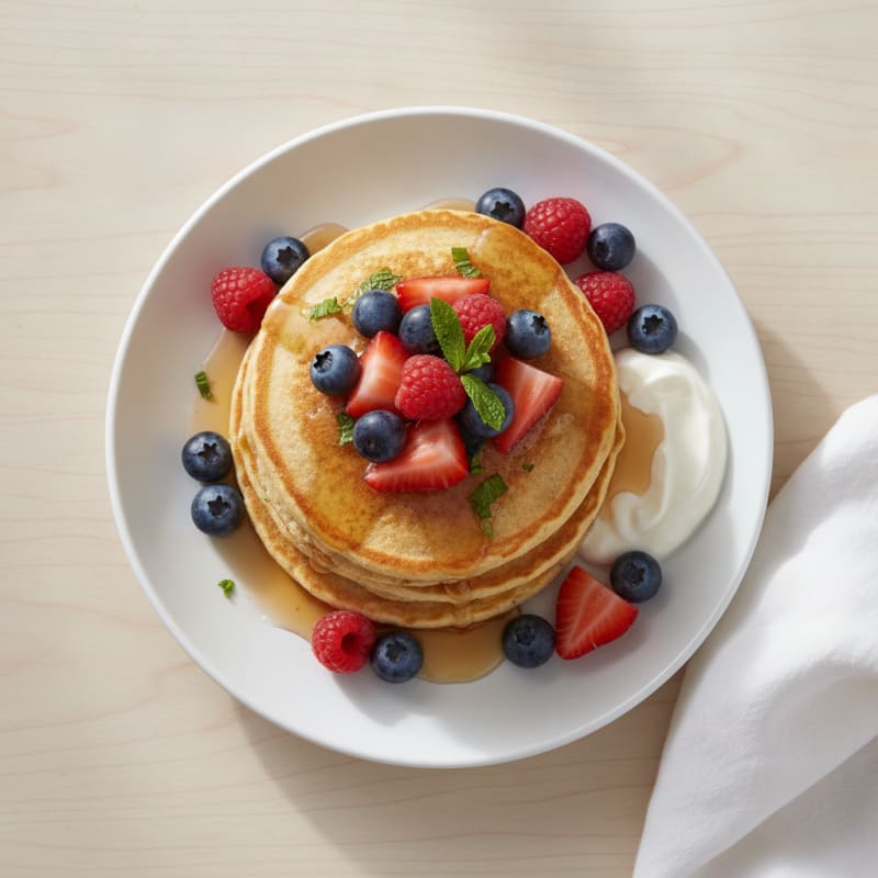 Fluffy Buttermilk-Style Protein Pancakes with Berries