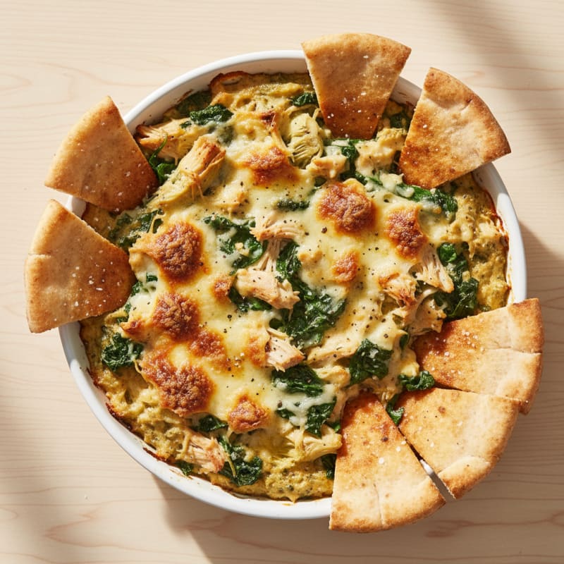 Baked Spinach Artichoke Dip with Toasted Pita