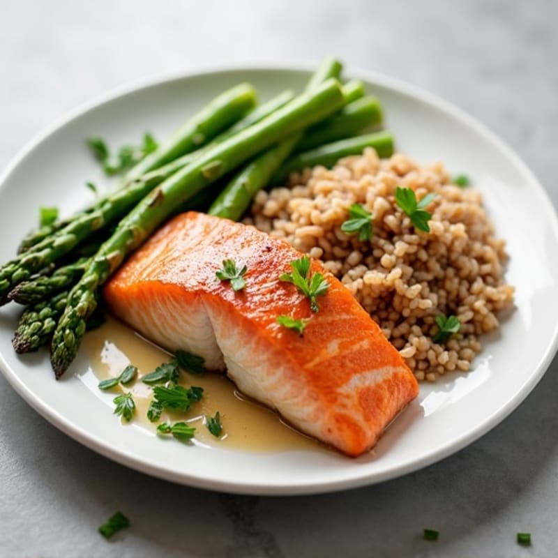 Seared Salmon with Steamed Asparagus and Brown Rice