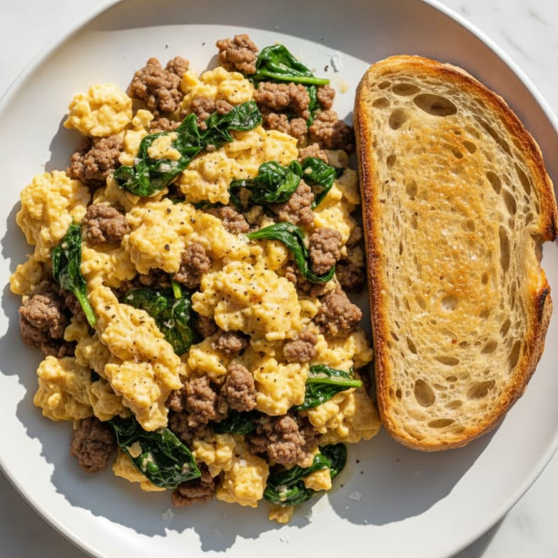 Scrambled Eggs with Ground Beef and Toast