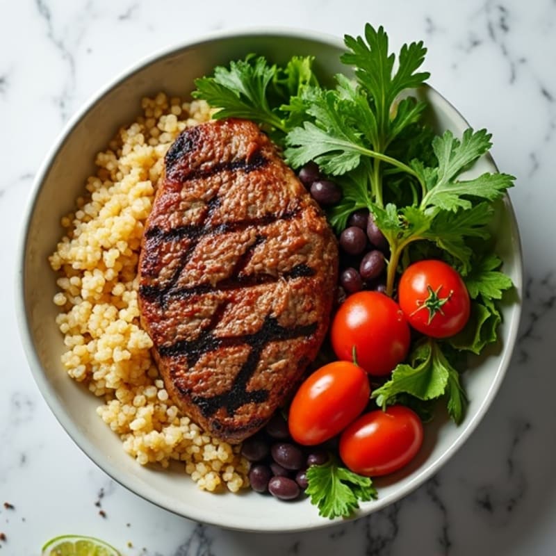 Grilled Beef and Quinoa Bowl with Tomato Salsa and Mixed Greens