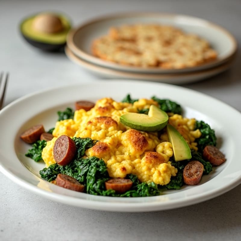 Crispy Egg White and Turkey Sausage Scramble with Sautéed Spinach