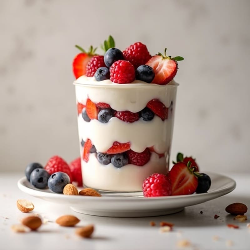 Vanilla Greek Yogurt Protein Parfait with Mixed Berries and Almonds