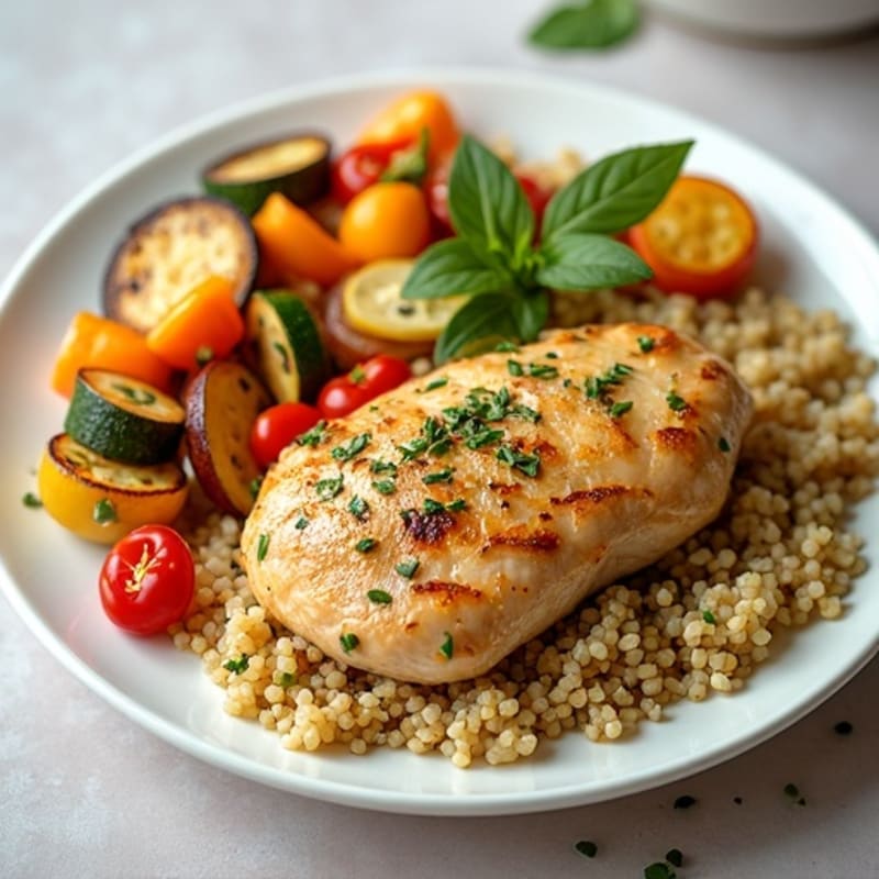 Lemon Herb Roasted Chicken with Fluffy Quinoa and Crispy Roasted Vegetables