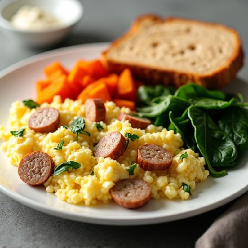 Egg White and Turkey Sausage Scramble with Roasted Sweet Potatoes