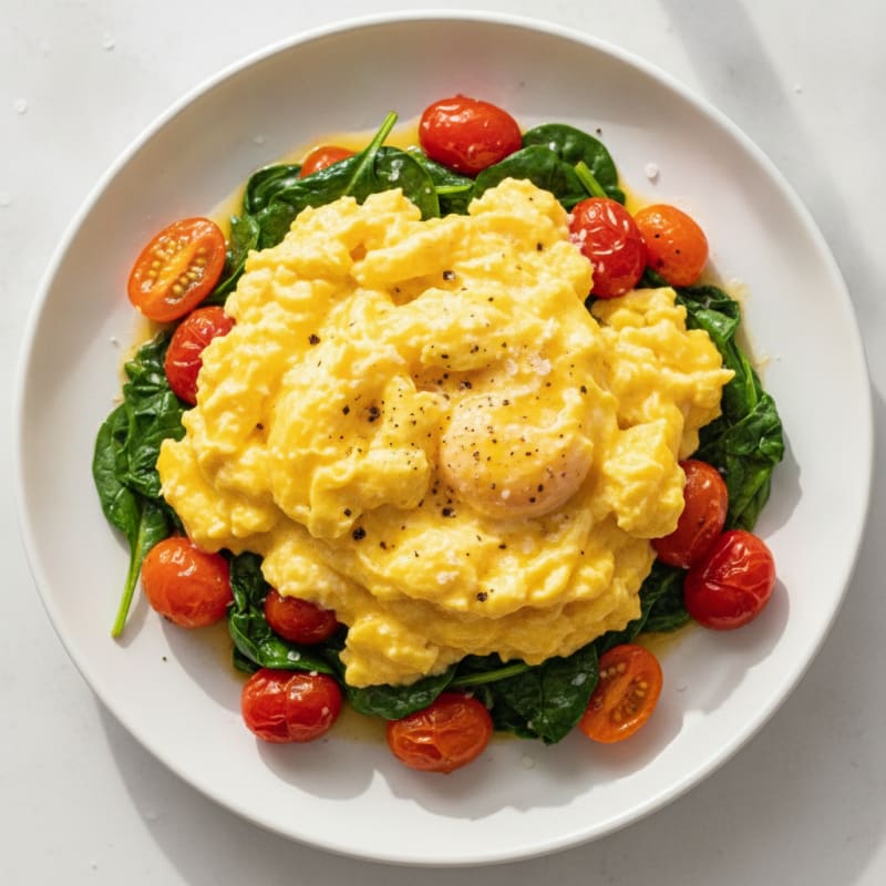 Creamy Scrambled Eggs with Sautéed Spinach and Cherry Tomatoes