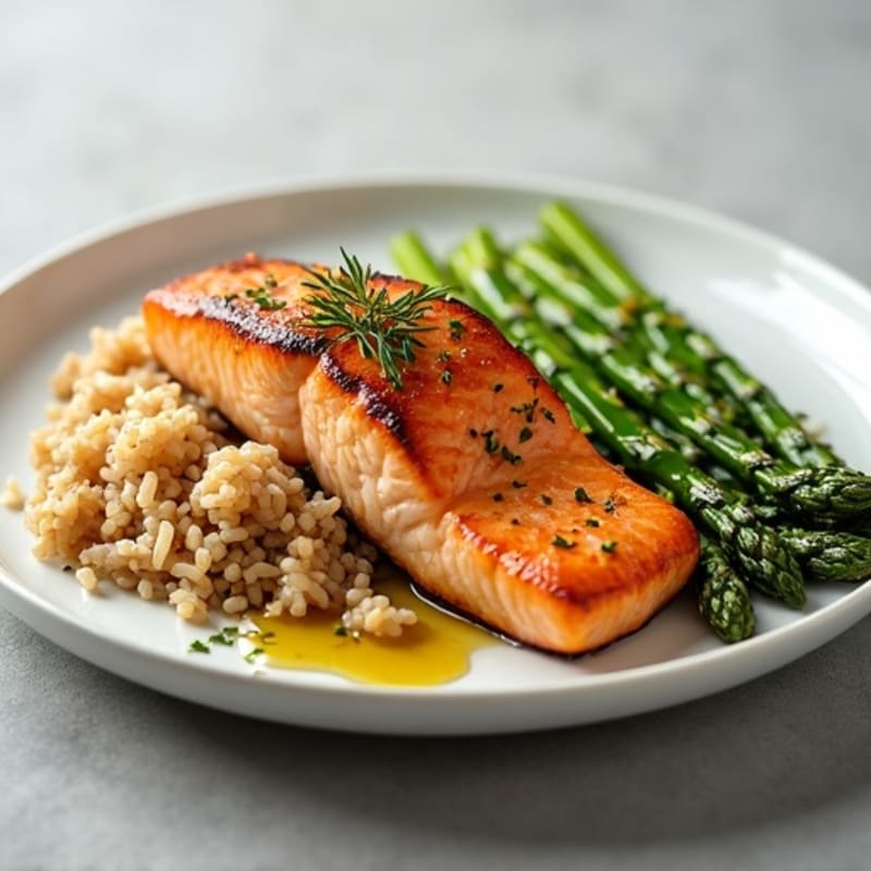 Seared Salmon with Steamed Asparagus and Brown Rice