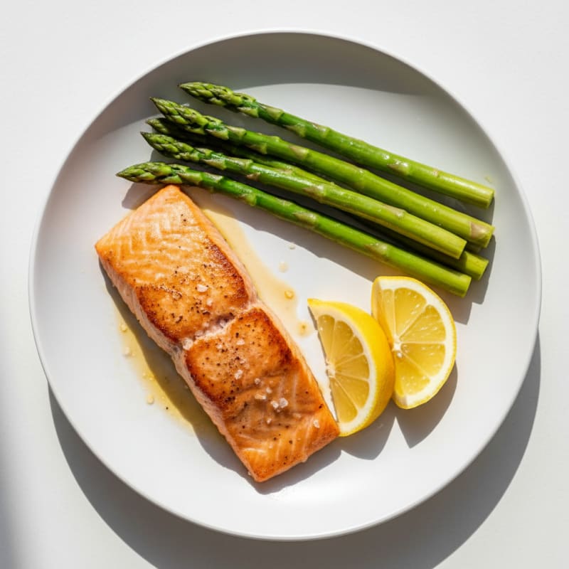 Seared Salmon with Steamed Asparagus and Lemon