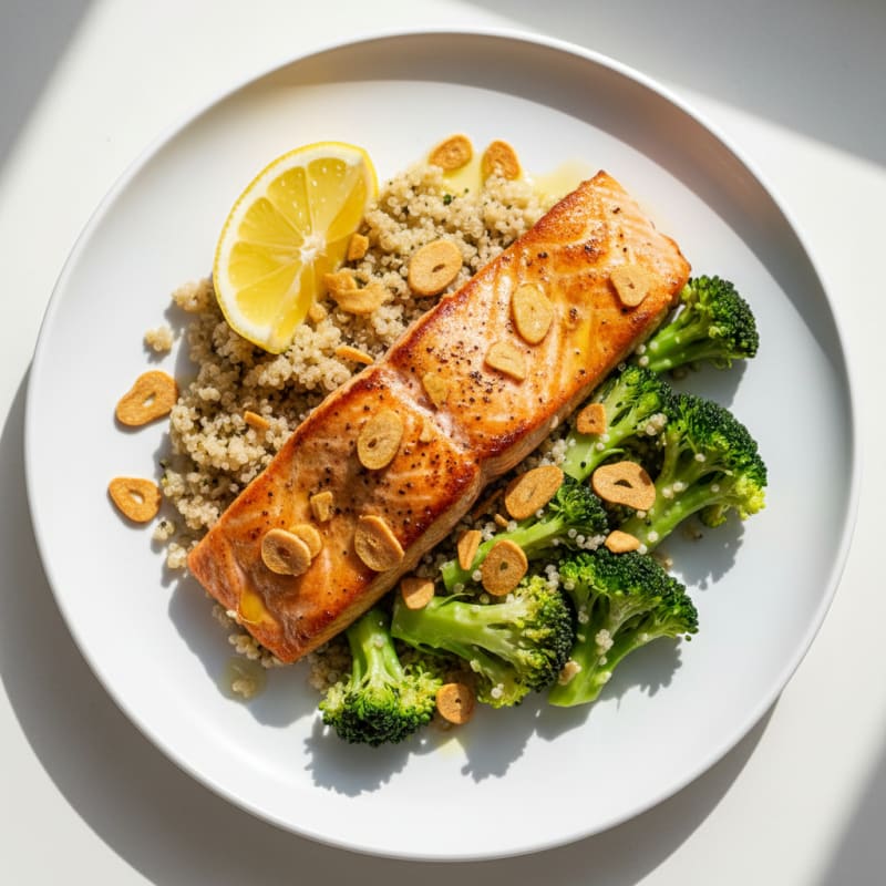 Seared Salmon with Steamed Broccoli and Quinoa