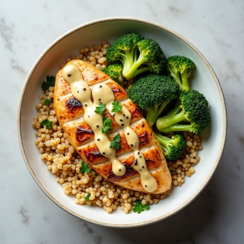 Grilled Chicken and Quinoa Power Bowl with Roasted Broccoli and Lemon Tahini Drizzle