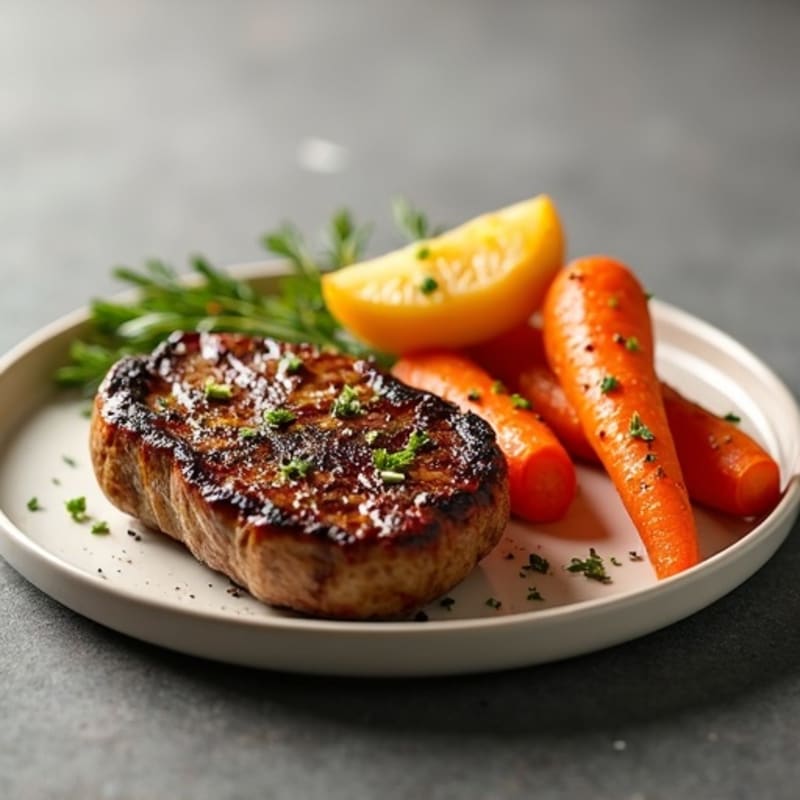 Seared Steak with Crispy Potato Wedges and Steamed Carrots