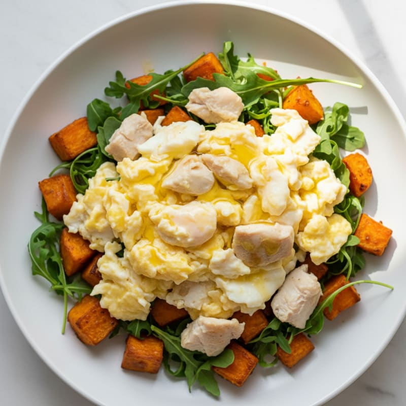 Scrambled Eggs with Arugula and Roasted Sweet Potato