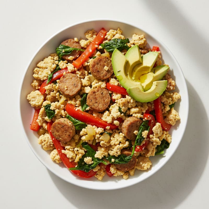 Egg White Veggie Scramble with Turkey Sausage and Spinach