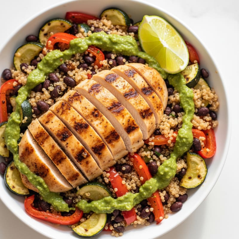 Grilled Chicken and Black Bean Quinoa Bowl with Roasted Vegetables