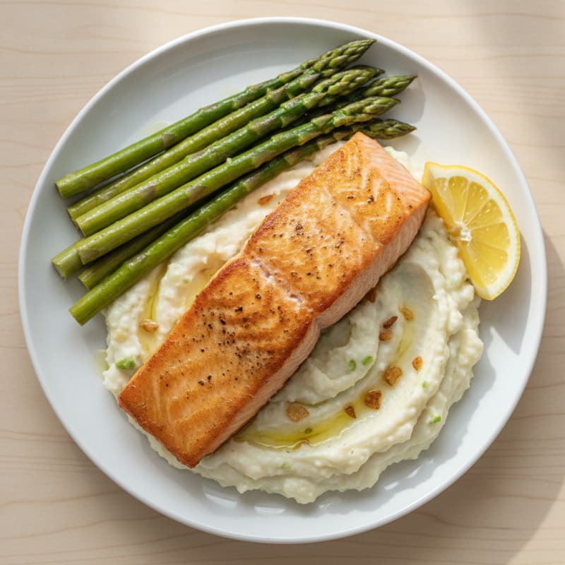 Seared Salmon with Steamed Asparagus and Garlic Cauliflower Mash