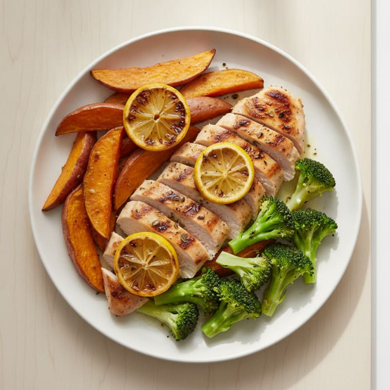 Grilled Chicken Breast with Roasted Sweet Potato and Steamed Broccoli