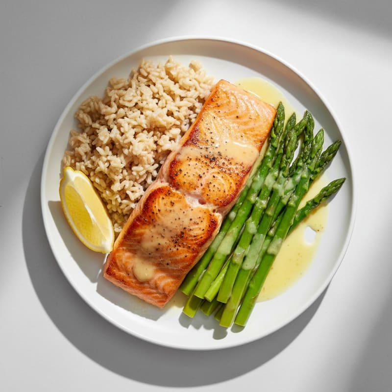 Seared Salmon with Steamed Asparagus and Brown Rice