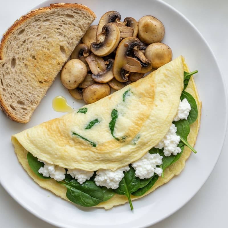 Egg White Spinach Omelette with Cottage Cheese and Sautéed Mushrooms