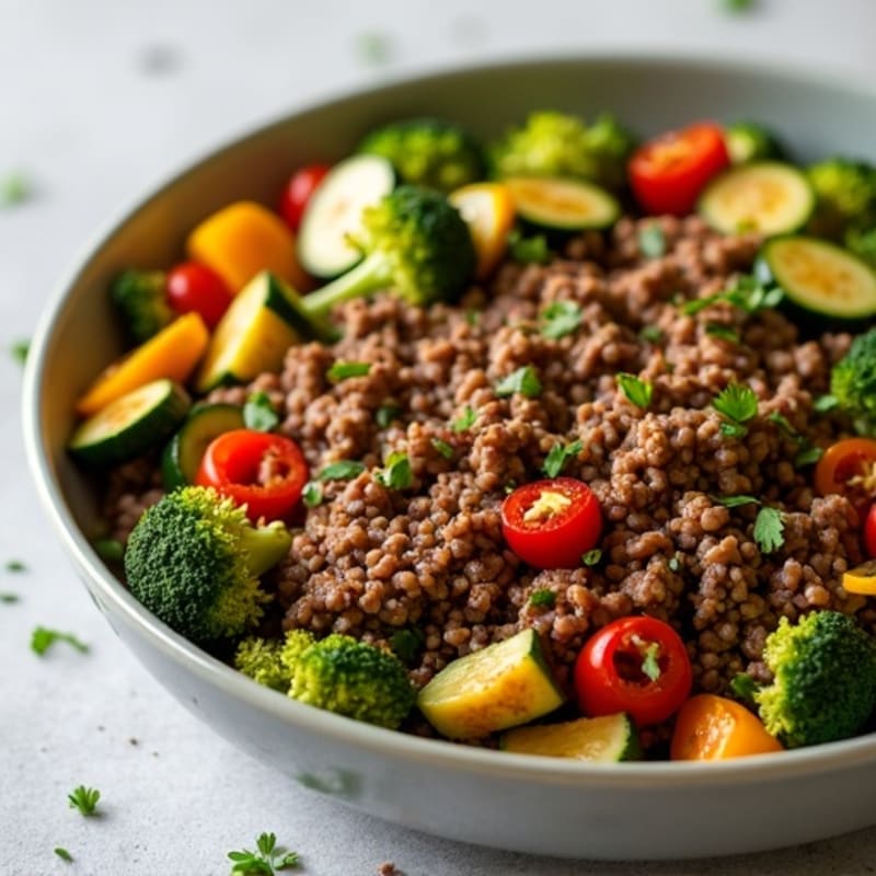 Lean Ground Beef and Crispy Roasted Vegetable Skillet