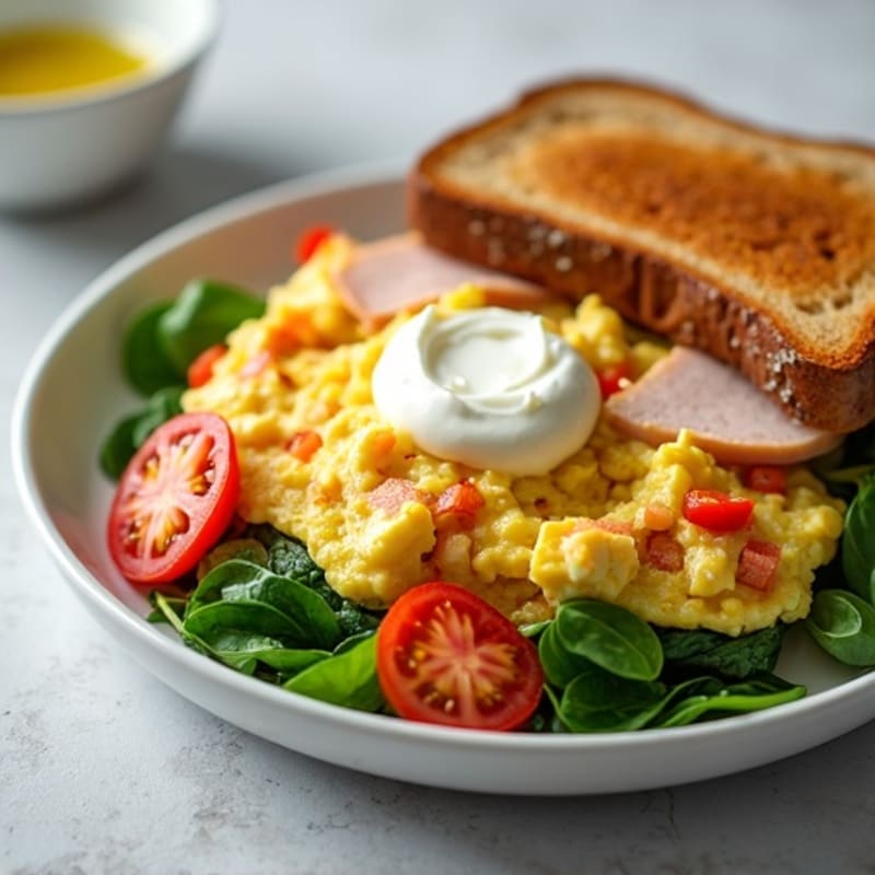 Egg White Vegetable Scramble with Cottage Cheese and Sliced Turkey