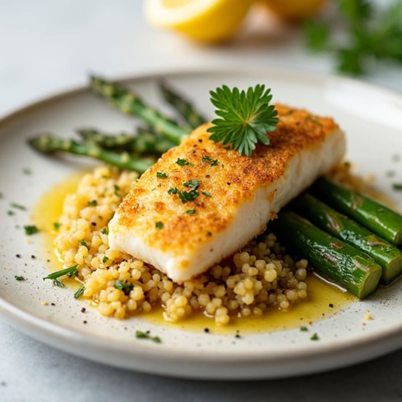 Crispy Baked Cod with Roasted Asparagus and Lemon Herb Quinoa