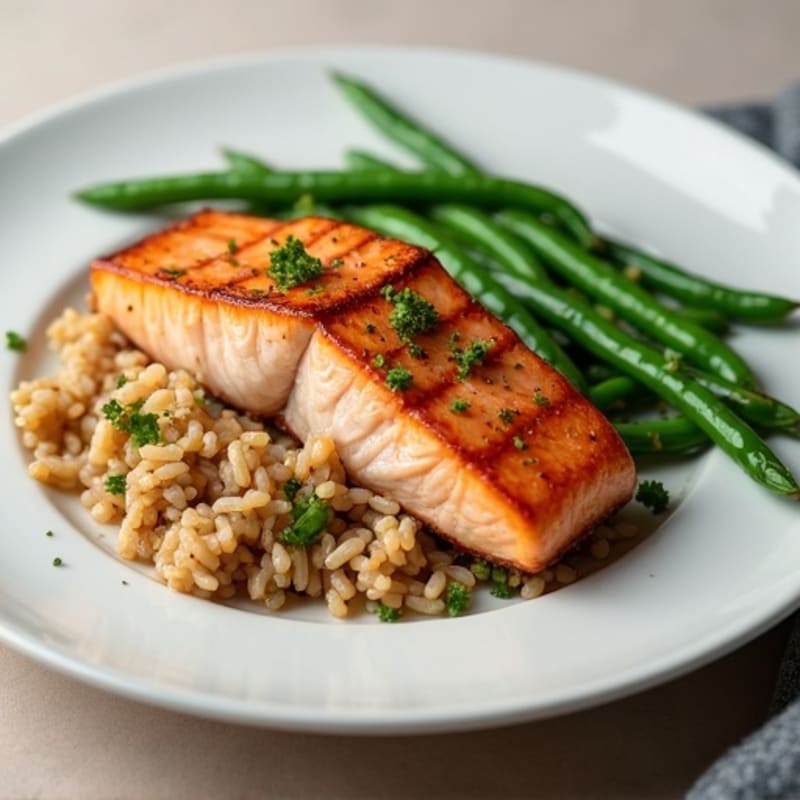 Seared Salmon with Garlic Green Beans and Brown Rice