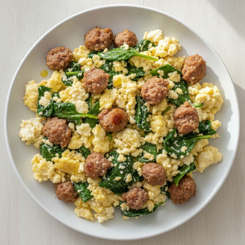 Cottage Cheese Scramble with Turkey Sausage and Spinach
