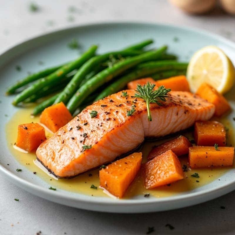 Seared Salmon with Roasted Sweet Potato and Green Beans