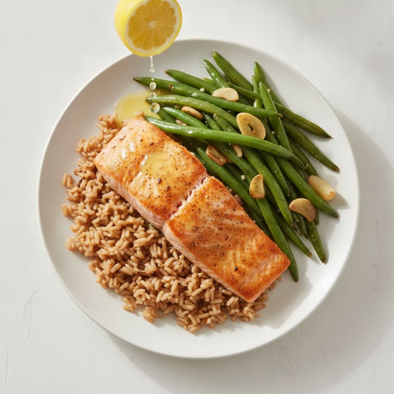 Seared Salmon Fillet with Garlic Green Beans and Brown Rice