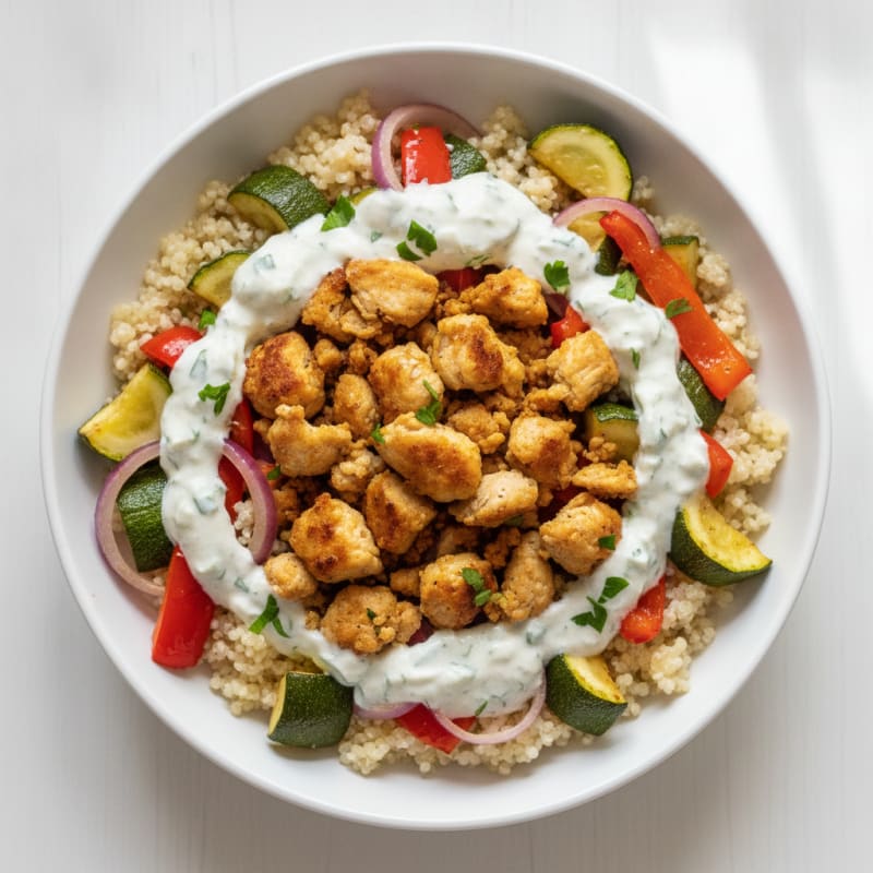 Ground Chicken and Roasted Vegetable Power Bowl with Quinoa