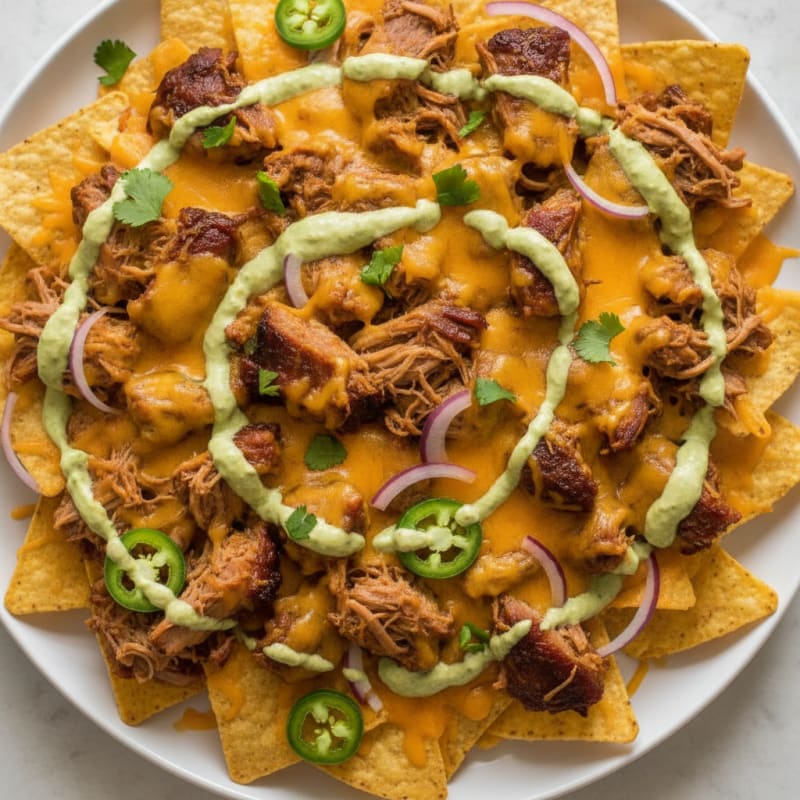 Pulled Pork Nachos with Avocado Crema