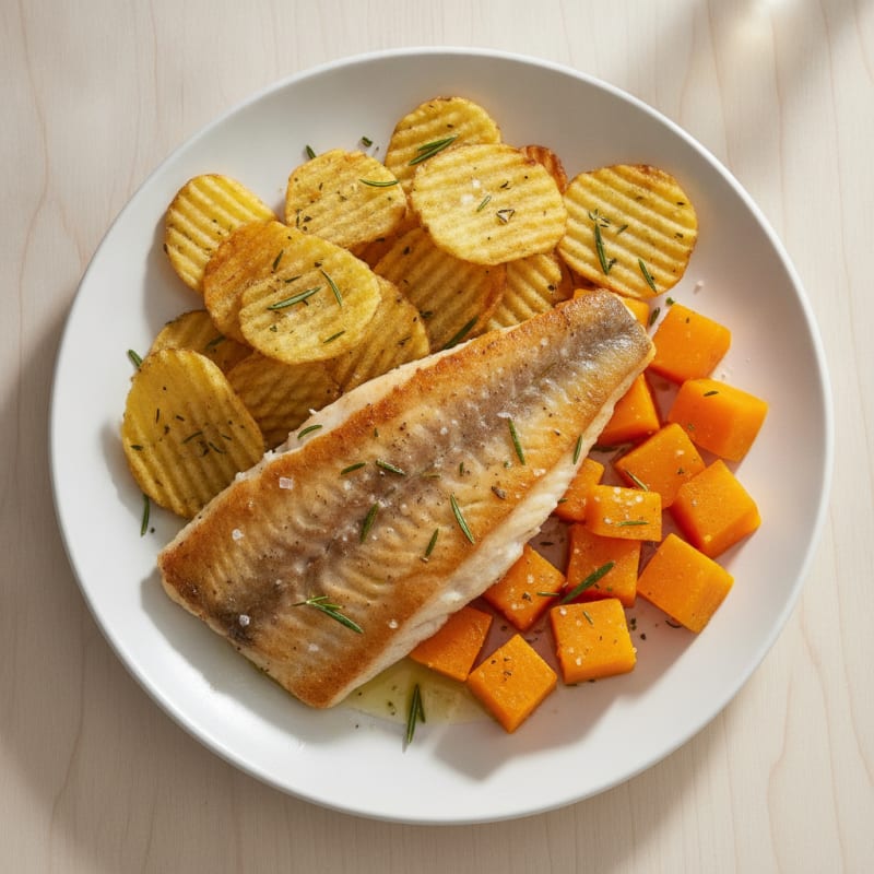 Pan-Seared Hake with Herb Potato Chips and Steamed Butternut