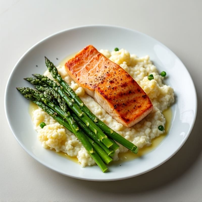 Seared Salmon Fillet with Steamed Asparagus and Garlic Mashed Cauliflower