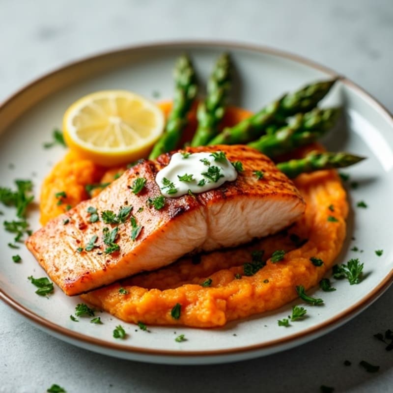 Seared Salmon with Roasted Asparagus and Sweet Potato Mash