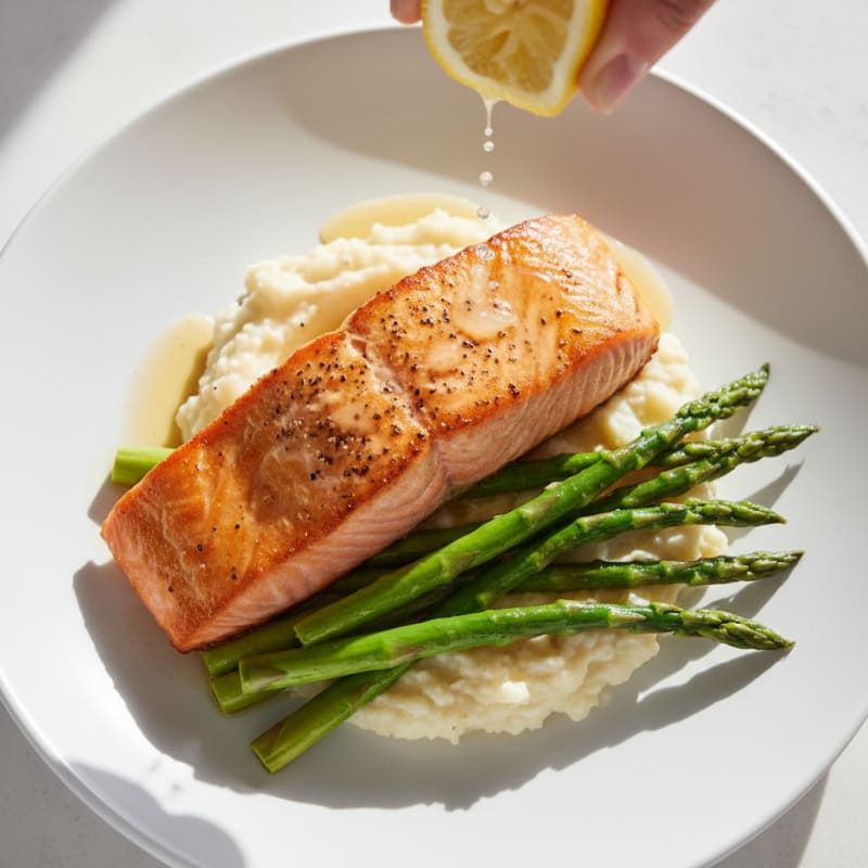 Seared Salmon Fillet with Steamed Asparagus and Cauliflower Mash