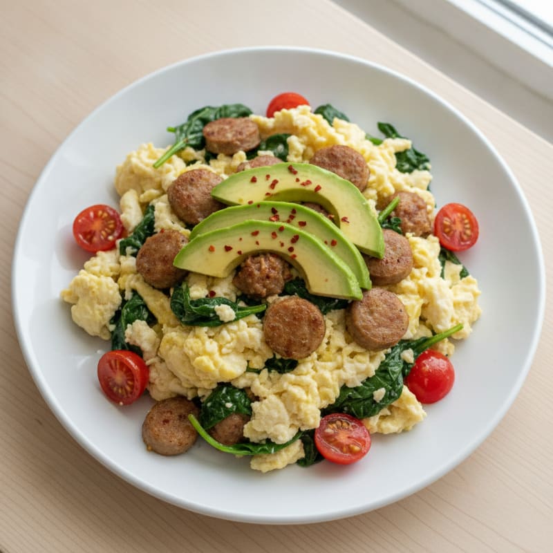 Egg White Scramble with Turkey Sausage and Spinach