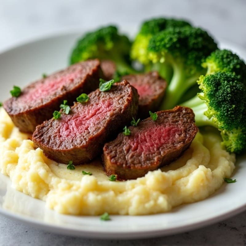 Seared Beef Strips with Creamy Potato Mash and Steamed Broccoli