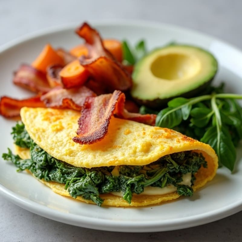 Egg White Spinach Omelet with Crispy Turkey Bacon and Roasted Sweet Potatoes
