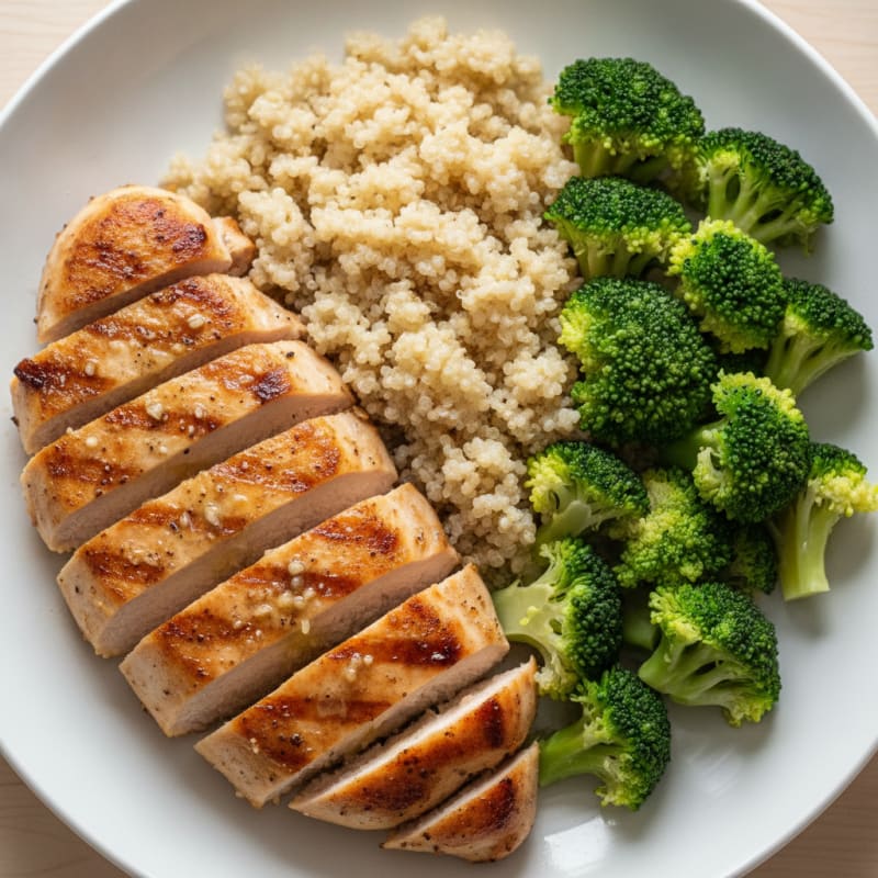 Grilled Chicken Breast with Steamed Broccoli and Quinoa