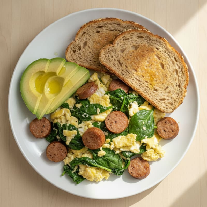 Egg White Spinach Scramble with Turkey Sausage