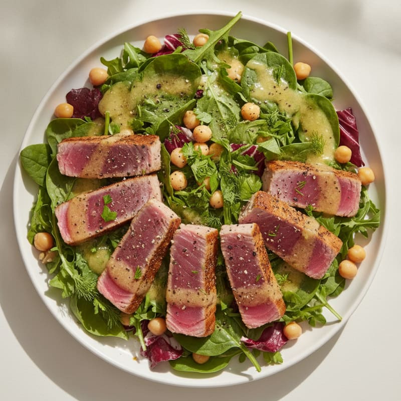 Seared Tuna Salad with Mixed Greens and Chickpeas